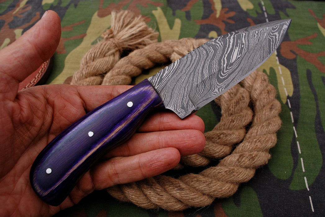 AW-040 "The Purple Rain" Handmade Damascus Steel Drop Point Hunting Knife with Purple Handle & Leather Sheath