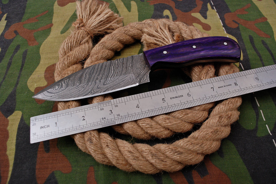 AW-040 "The Purple Rain" Handmade Damascus Steel Drop Point Hunting Knife with Purple Handle & Leather Sheath