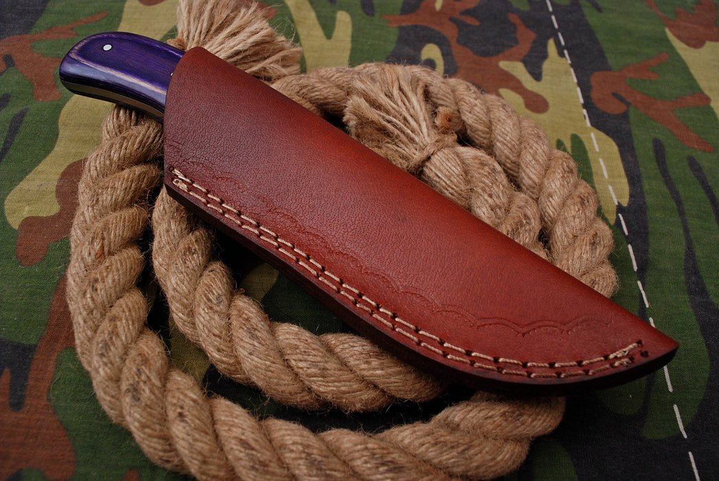 AW-040 "The Purple Rain" Handmade Damascus Steel Drop Point Hunting Knife with Purple Handle & Leather Sheath