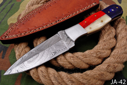 AW-042 Handcrafted Damascus Steel Fixed Blade Knife with Custom Tricolor Handle & Leather Sheath
