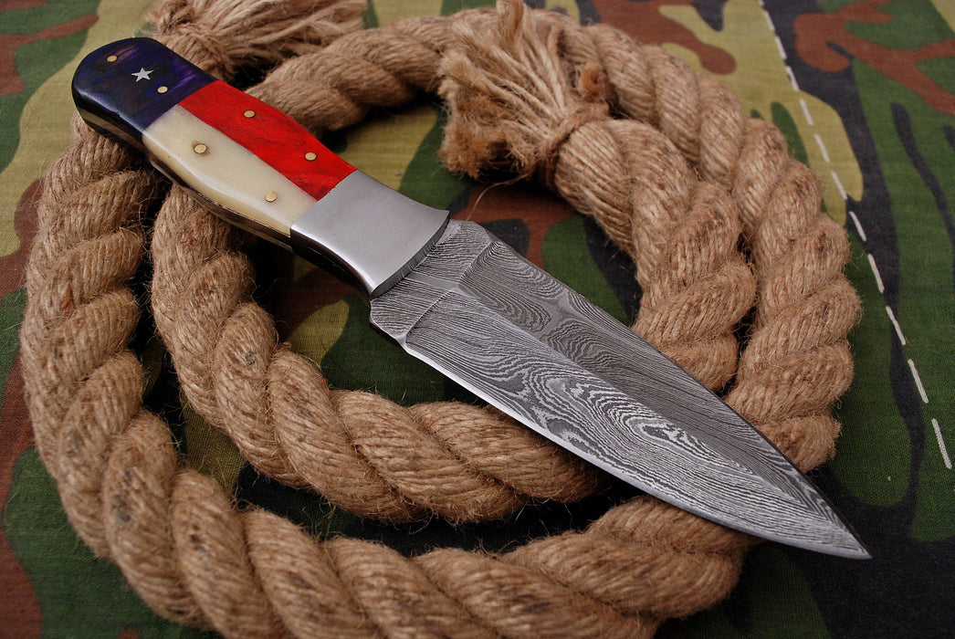 AW-042 Handcrafted Damascus Steel Fixed Blade Knife with Custom Tricolor Handle & Leather Sheath