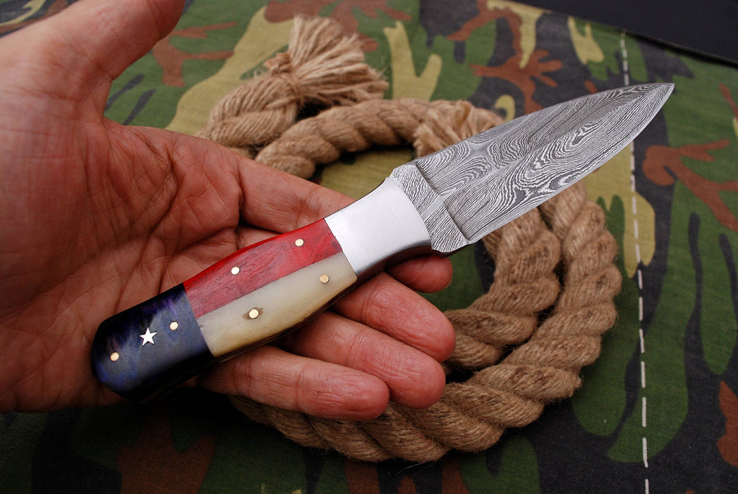 AW-042 Handcrafted Damascus Steel Fixed Blade Knife with Custom Tricolor Handle & Leather Sheath