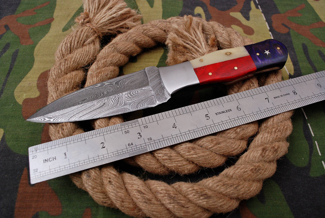 AW-042 Handcrafted Damascus Steel Fixed Blade Knife with Custom Tricolor Handle & Leather Sheath