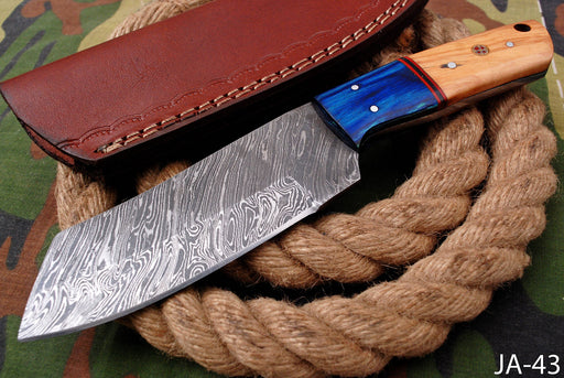 AW-043 Handmade Damascus Steel Cleaver-Style EDC Knife – Stabilized Blue & Burl Wood Handle with Leather Sheath