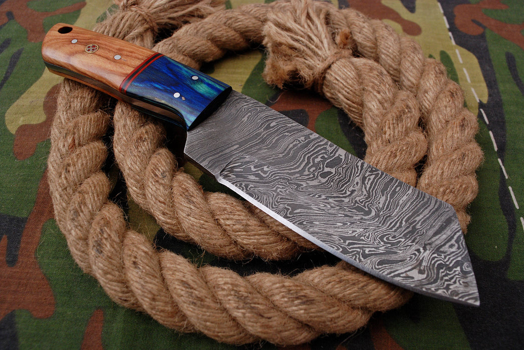 AW-043 Handmade Damascus Steel Cleaver-Style EDC Knife – Stabilized Blue & Burl Wood Handle with Leather Sheath