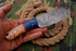 AW-043 Handmade Damascus Steel Cleaver-Style EDC Knife – Stabilized Blue & Burl Wood Handle with Leather Sheath