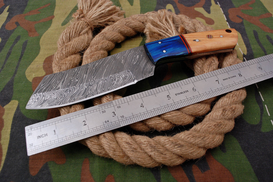 AW-043 Handmade Damascus Steel Cleaver-Style EDC Knife – Stabilized Blue & Burl Wood Handle with Leather Sheath