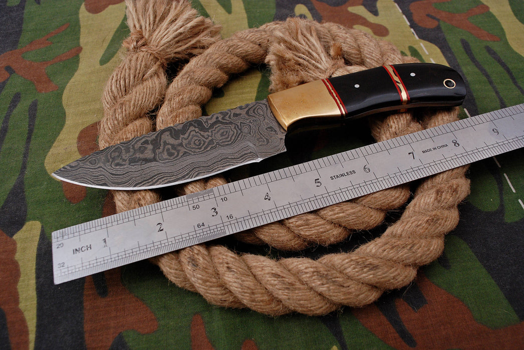 AW-044 Handmade Damascus Steel Hunting Knife – Brass Bolster & Black Polished Handle with Leather Sheath