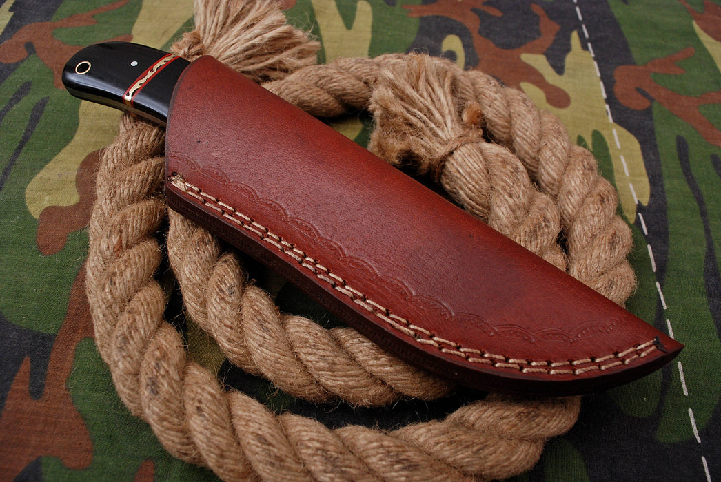 AW-044 Handmade Damascus Steel Hunting Knife – Brass Bolster & Black Polished Handle with Leather Sheath
