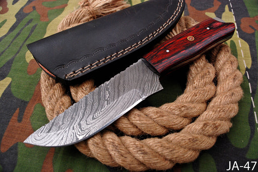 AW-047 Handmade Damascus Steel Field Knife – Crimson Pakkawood Handle with Mosaic Detail
