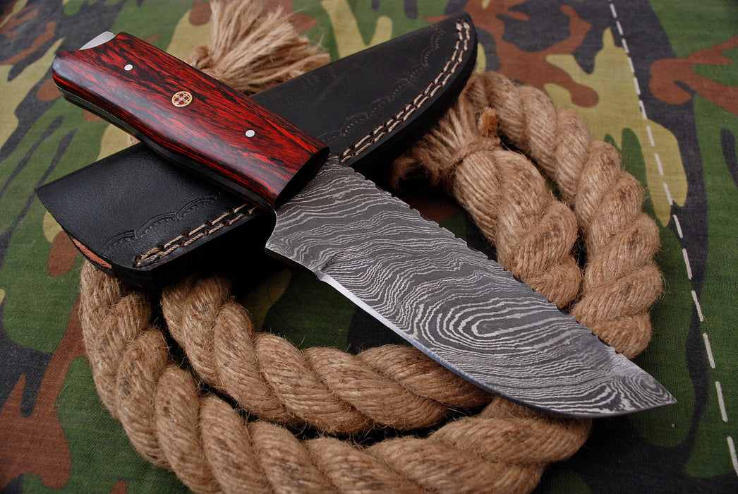 AW-047 Handmade Damascus Steel Field Knife – Crimson Pakkawood Handle with Mosaic Detail