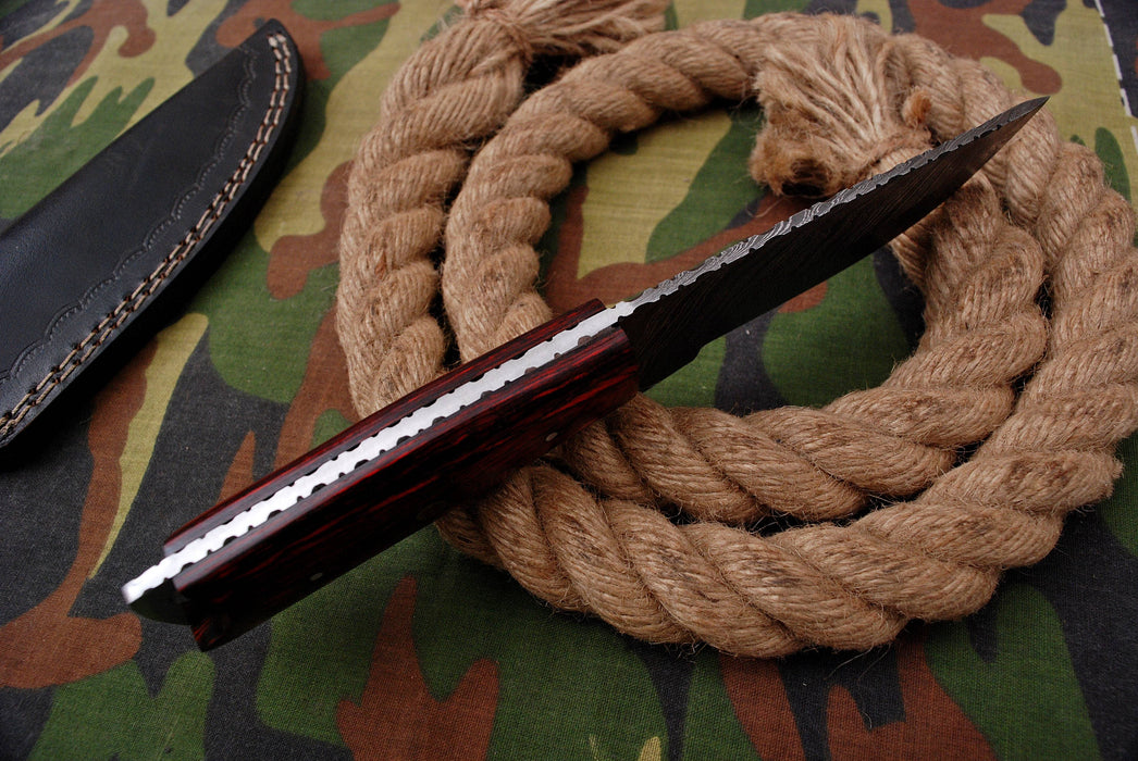 AW-047 Handmade Damascus Steel Field Knife – Crimson Pakkawood Handle with Mosaic Detail