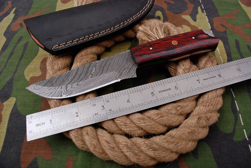 AW-047 Handmade Damascus Steel Field Knife – Crimson Pakkawood Handle with Mosaic Detail