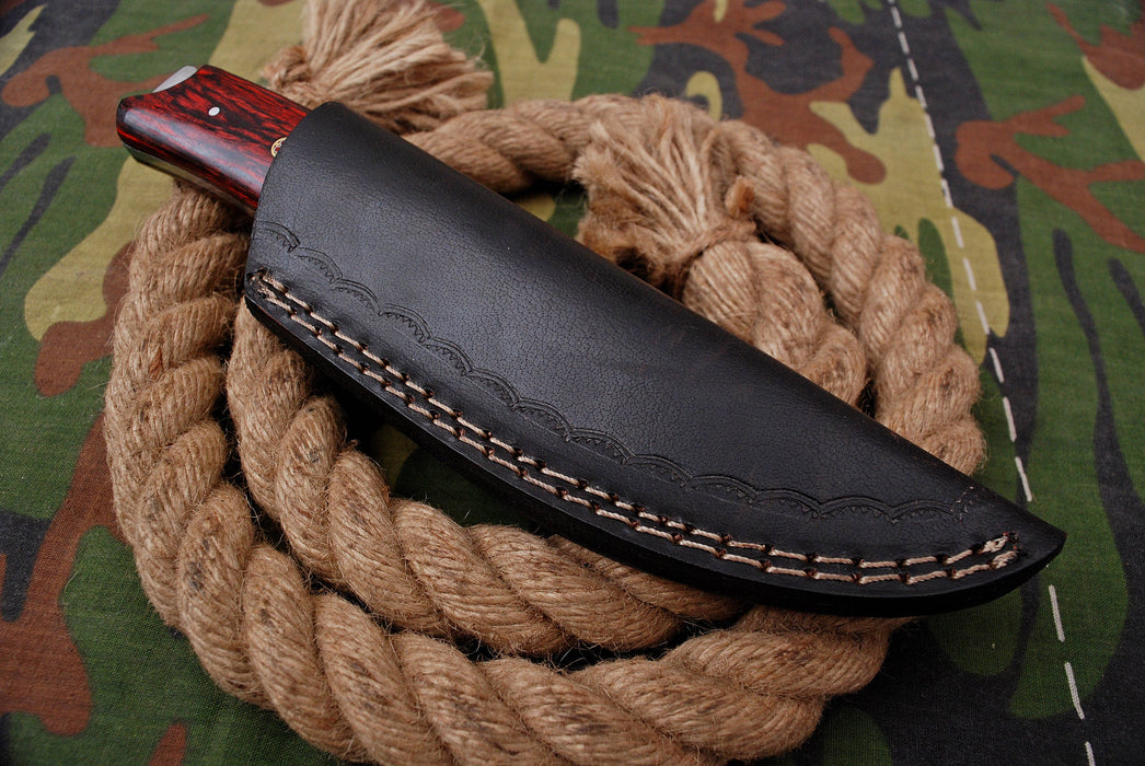 AW-047 Handmade Damascus Steel Field Knife – Crimson Pakkawood Handle with Mosaic Detail