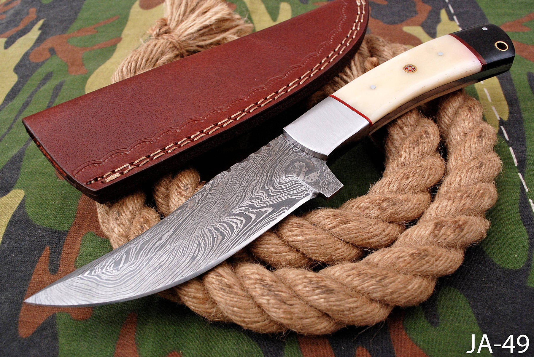 AW-049 Handmade Damascus Steel Hunting Knife – Bone & Ebony Handle with Brushed Steel Bolster