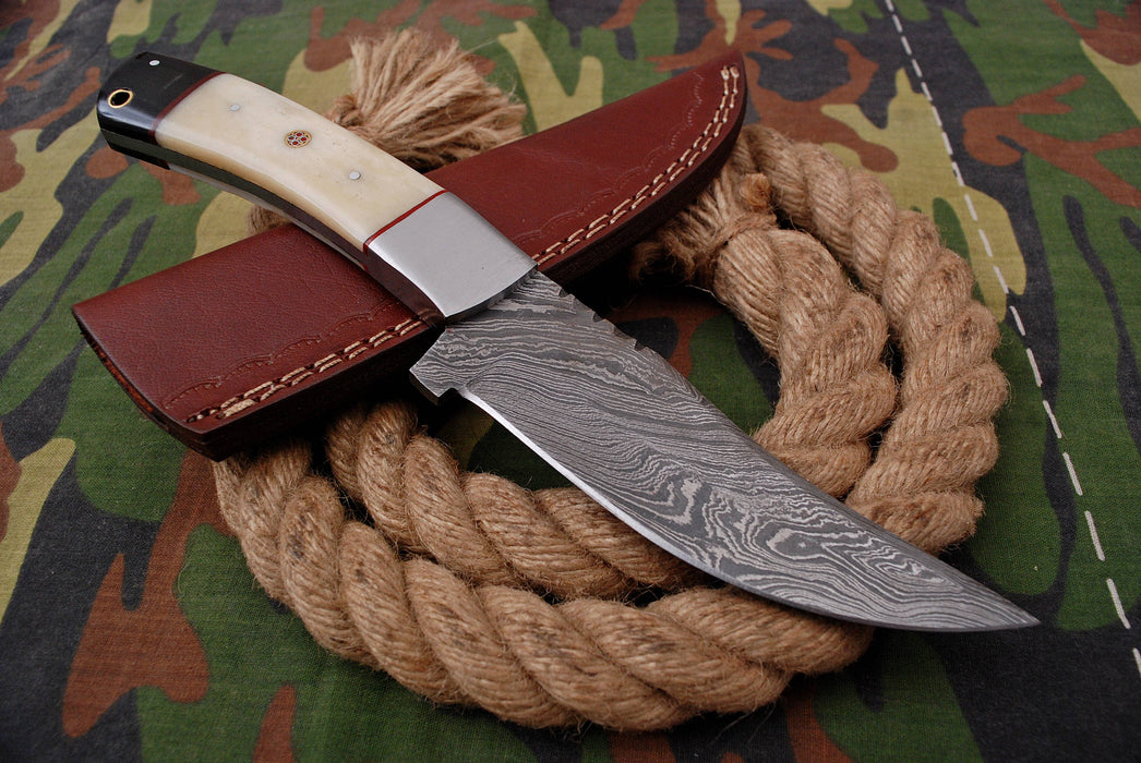 AW-049 Handmade Damascus Steel Hunting Knife – Bone & Ebony Handle with Brushed Steel Bolster