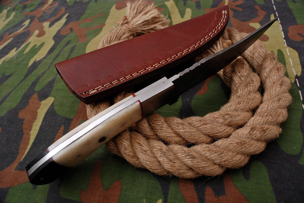 AW-049 Handmade Damascus Steel Hunting Knife – Bone & Ebony Handle with Brushed Steel Bolster