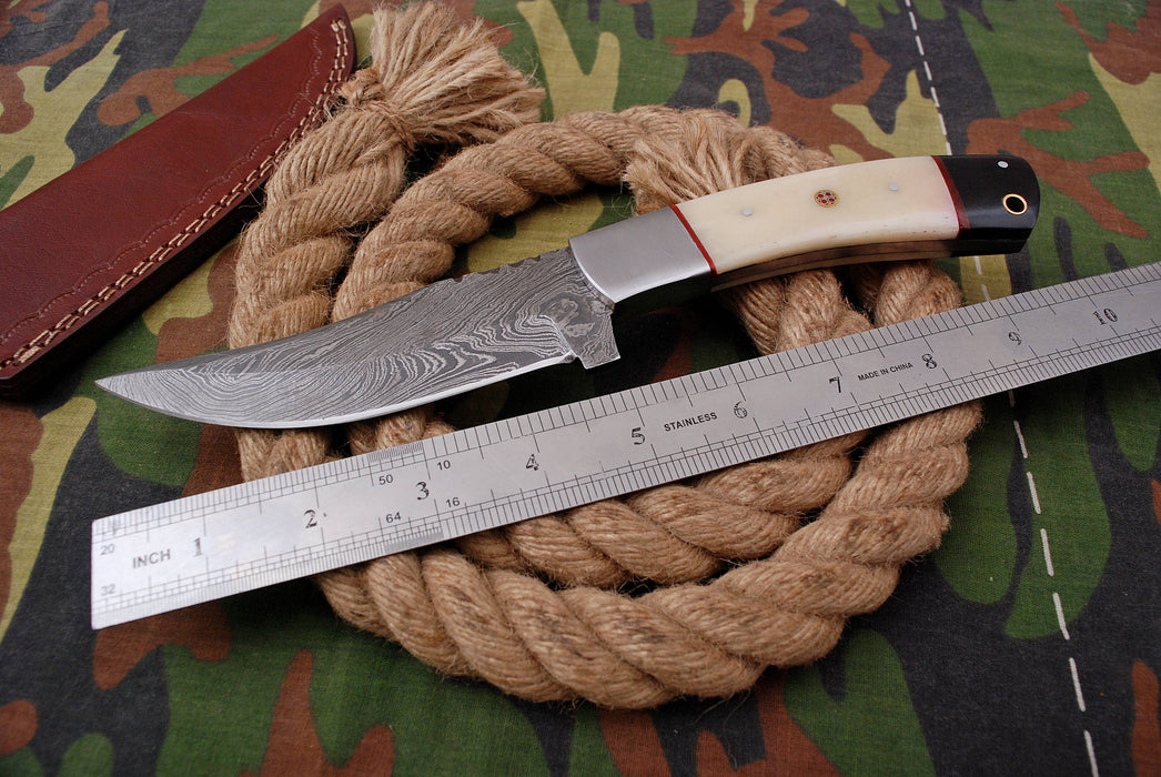 AW-049 Handmade Damascus Steel Hunting Knife – Bone & Ebony Handle with Brushed Steel Bolster