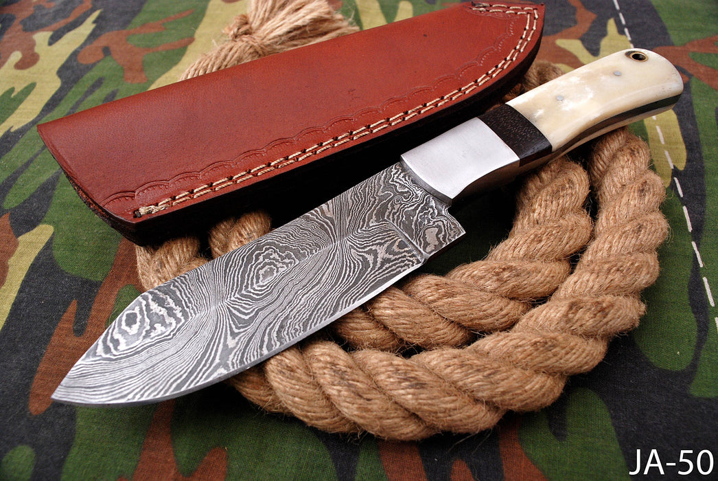 AW-050 Custom Damascus Steel Tracker Knife – Bone & Ebony Handle with Brushed Steel Bolster