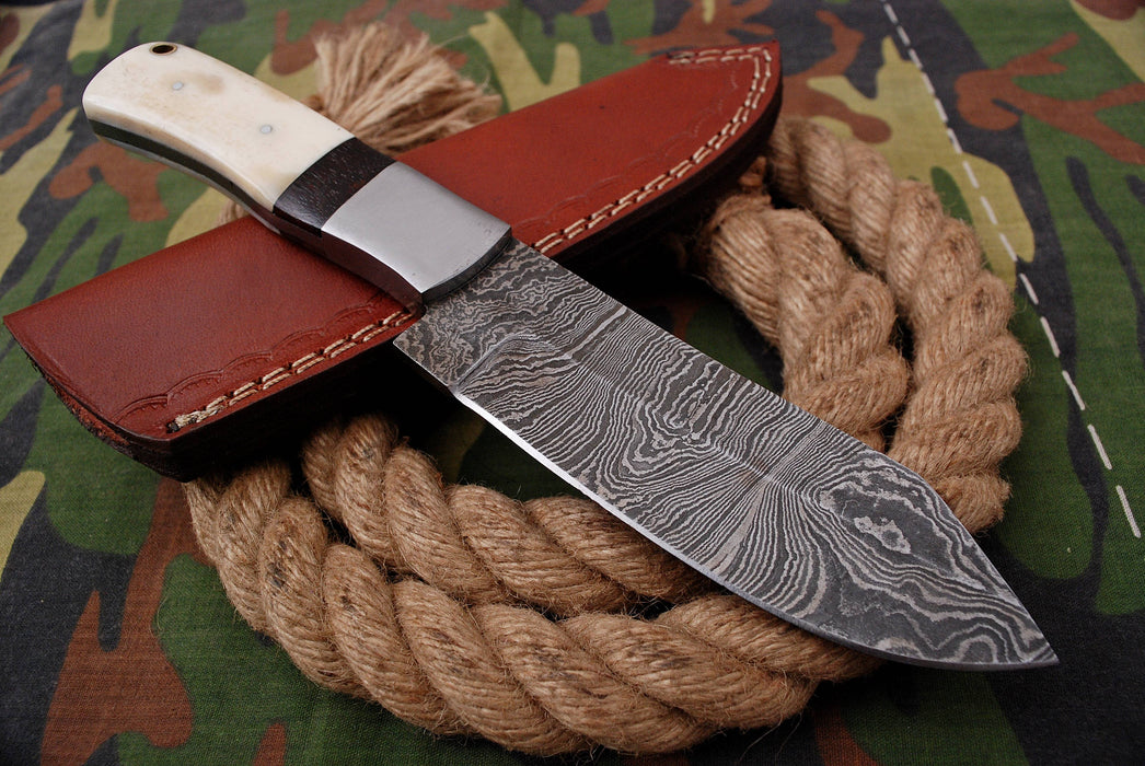 AW-050 Custom Damascus Steel Tracker Knife – Bone & Ebony Handle with Brushed Steel Bolster