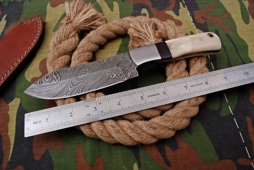 AW-050 Custom Damascus Steel Tracker Knife – Bone & Ebony Handle with Brushed Steel Bolster