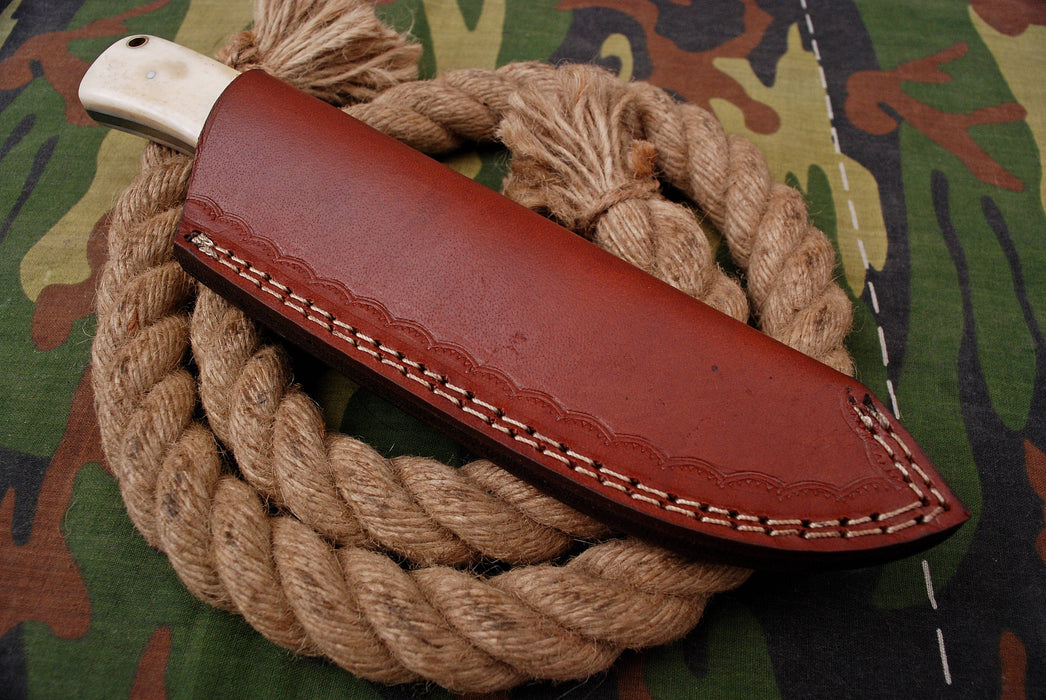 AW-050 Custom Damascus Steel Tracker Knife – Bone & Ebony Handle with Brushed Steel Bolster