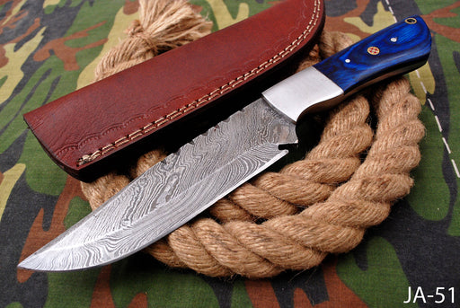 AW-051 Custom Damascus Steel Survival Knife – Cobalt Blue Ergonomic Handle with Brushed Bolster