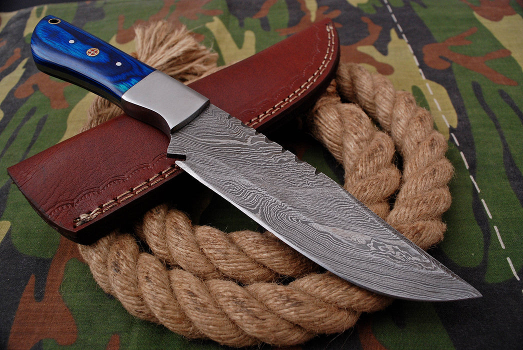 AW-051 Custom Damascus Steel Survival Knife – Cobalt Blue Ergonomic Handle with Brushed Bolster