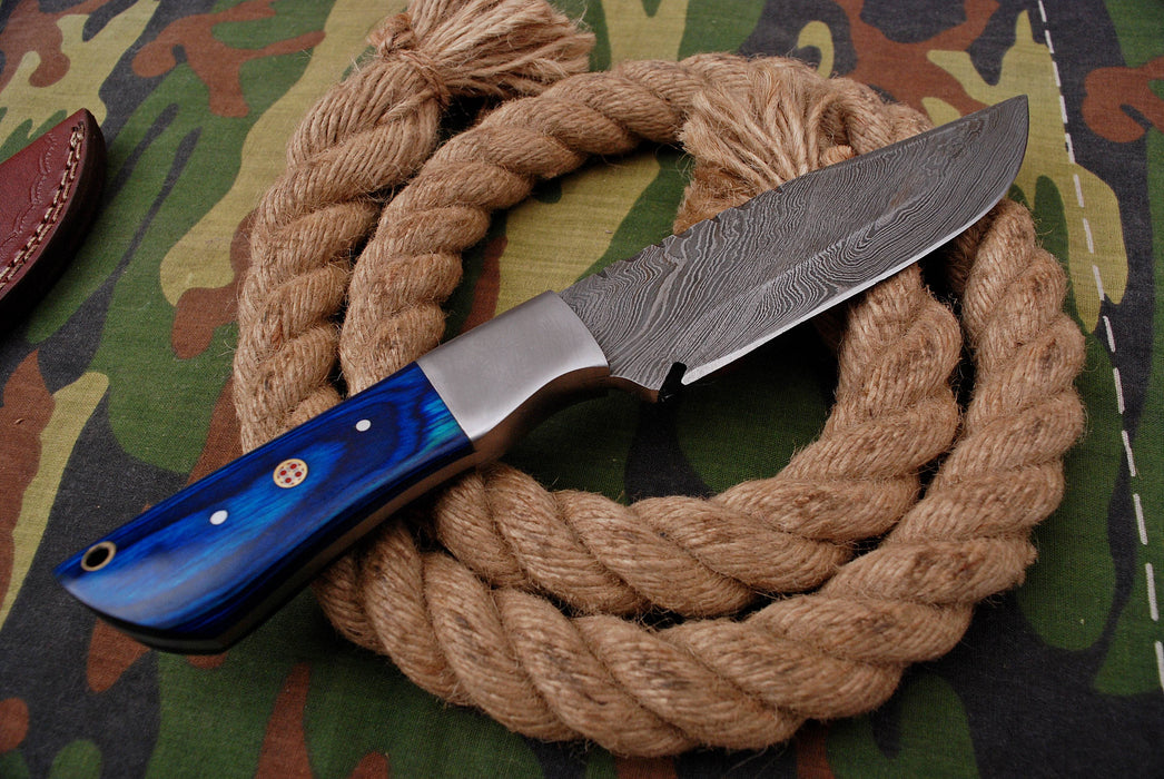 AW-051 Custom Damascus Steel Survival Knife – Cobalt Blue Ergonomic Handle with Brushed Bolster