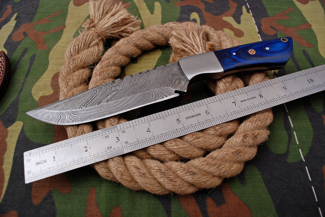 AW-051 Custom Damascus Steel Survival Knife – Cobalt Blue Ergonomic Handle with Brushed Bolster