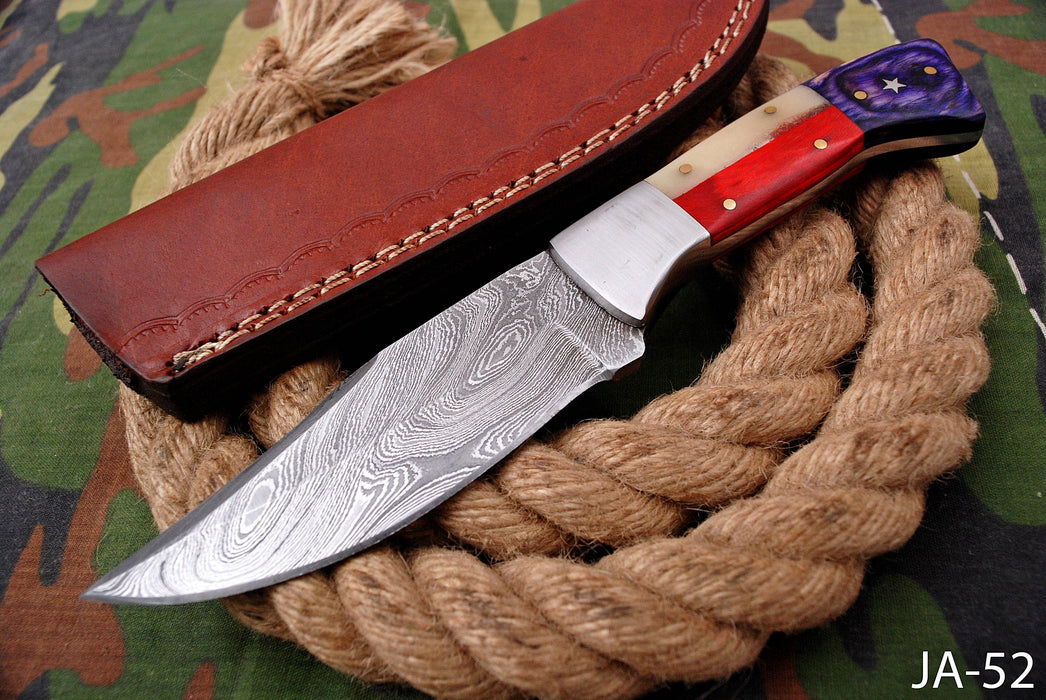 Custom Damascus Steel Survival Knife – Cobalt Blue Ergonomic Handle with Brushed Bolster (AW-51) (Copy)