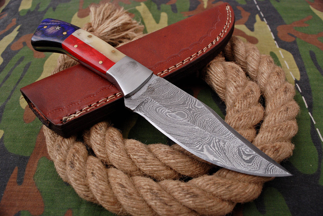 Custom Damascus Steel Survival Knife – Cobalt Blue Ergonomic Handle with Brushed Bolster (AW-51) (Copy)