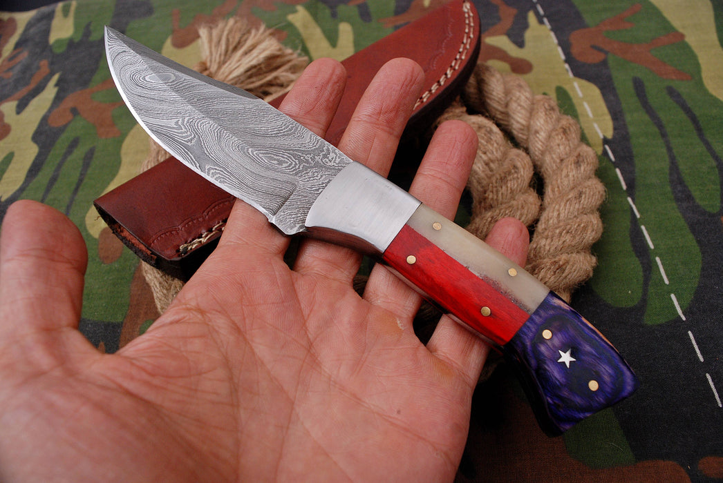 Custom Damascus Steel Survival Knife – Cobalt Blue Ergonomic Handle with Brushed Bolster (AW-51) (Copy)