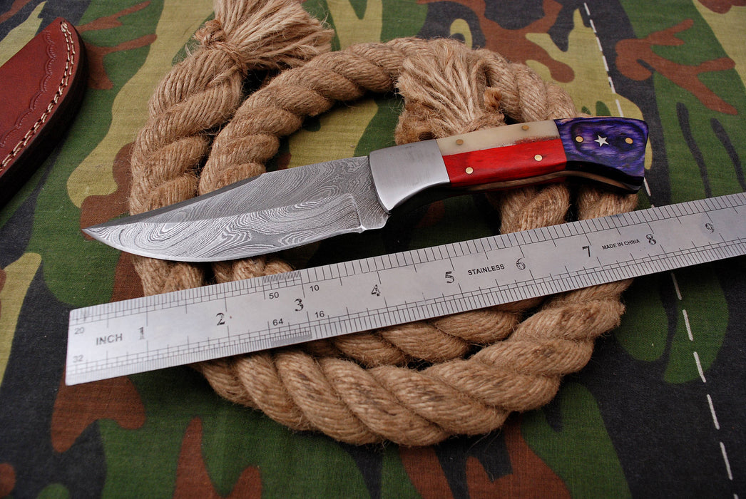 Custom Damascus Steel Survival Knife – Cobalt Blue Ergonomic Handle with Brushed Bolster (AW-51) (Copy)