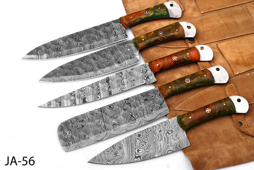 (AW-56) Custom 5-Piece Damascus Steel Chef Knife Set – Green & Amber Hybrid Burl Handles with Suede Roll Bag