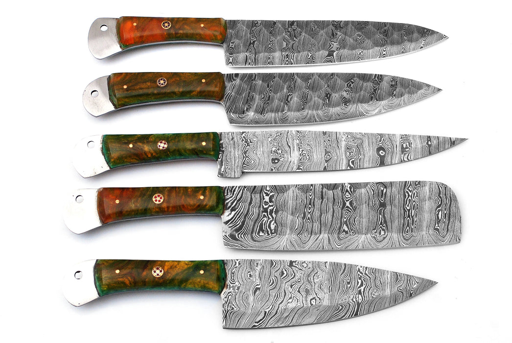 (AW-56) Custom 5-Piece Damascus Steel Chef Knife Set – Green & Amber Hybrid Burl Handles with Suede Roll Bag