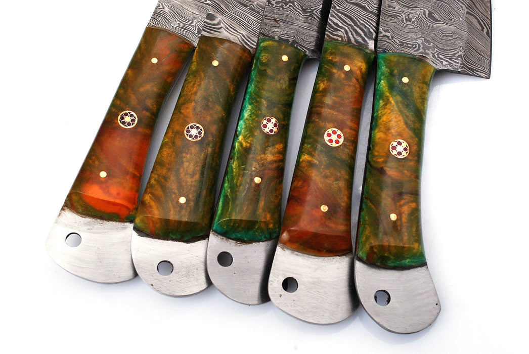 (AW-56) Custom 5-Piece Damascus Steel Chef Knife Set – Green & Amber Hybrid Burl Handles with Suede Roll Bag