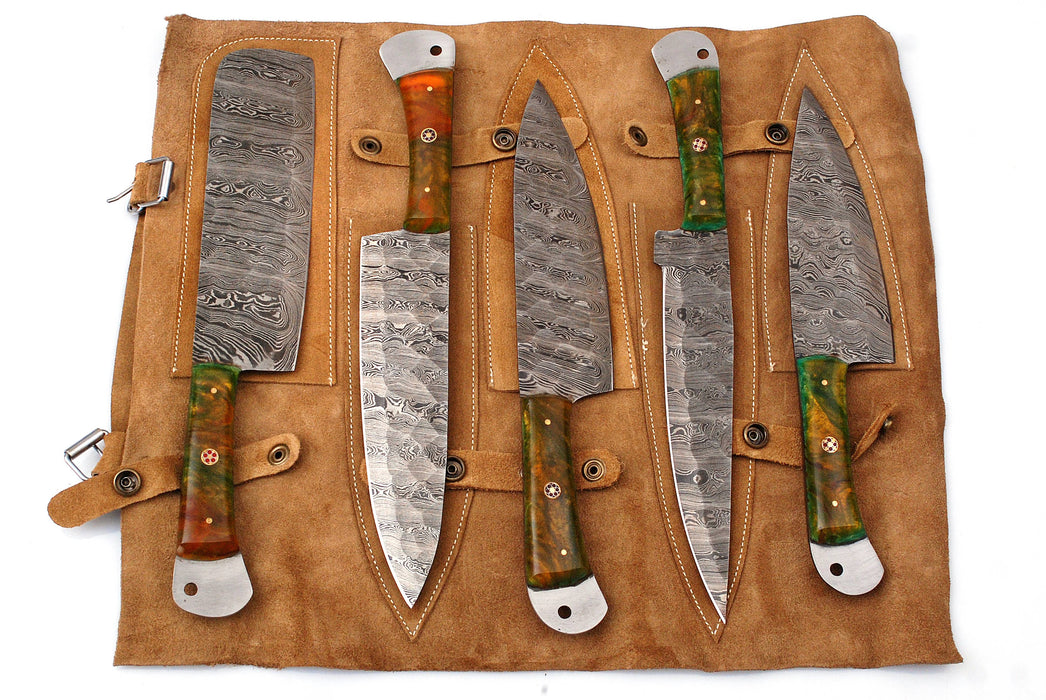 (AW-56) Custom 5-Piece Damascus Steel Chef Knife Set – Green & Amber Hybrid Burl Handles with Suede Roll Bag
