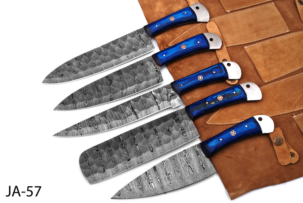 (AW-57) Custom 5-Piece Damascus Steel Kitchen Knife Set – Cobalt Blue Wood Handles with Suede Leather Roll Bag