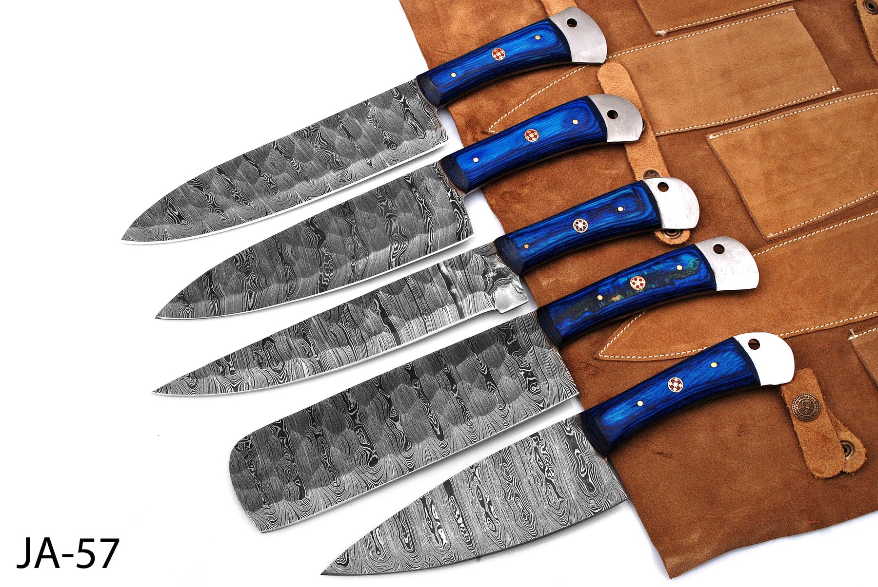 (AW-57) Custom 5-Piece Damascus Steel Kitchen Knife Set – Cobalt Blue Wood Handles with Suede Leather Roll Bag