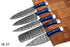 (AW-57) Custom 5-Piece Damascus Steel Kitchen Knife Set – Cobalt Blue Wood Handles with Suede Leather Roll Bag