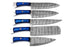 (AW-57) Custom 5-Piece Damascus Steel Kitchen Knife Set – Cobalt Blue Wood Handles with Suede Leather Roll Bag