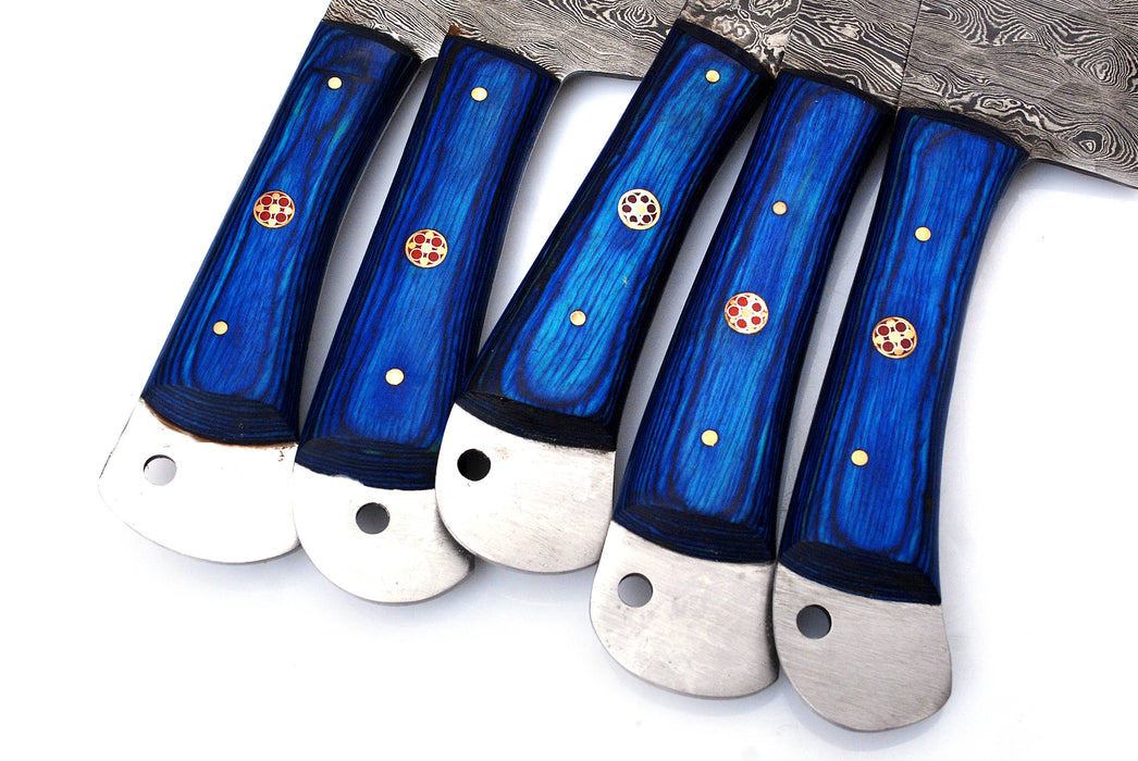 (AW-57) Custom 5-Piece Damascus Steel Kitchen Knife Set – Cobalt Blue Wood Handles with Suede Leather Roll Bag