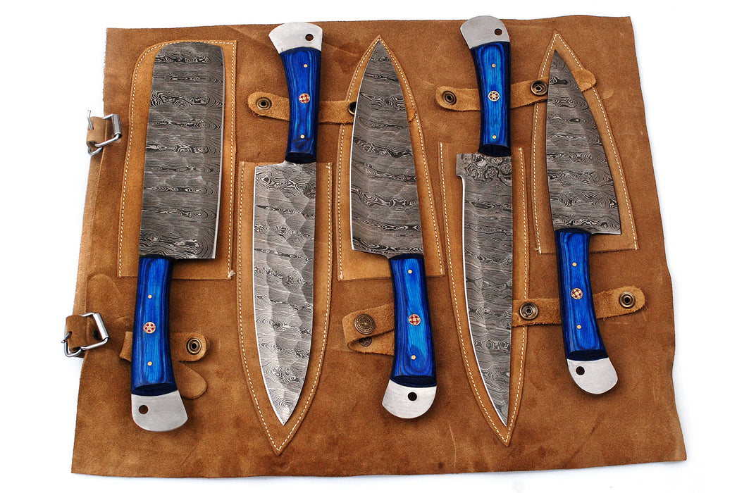 (AW-57) Custom 5-Piece Damascus Steel Kitchen Knife Set – Cobalt Blue Wood Handles with Suede Leather Roll Bag