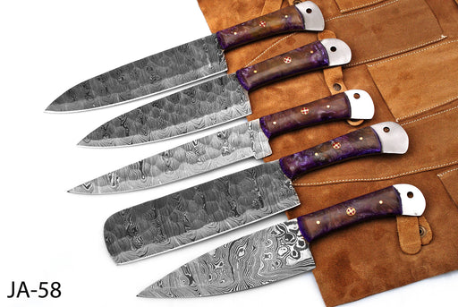 (AW-58) Custom 5-Piece Damascus Steel Kitchen Knife Set – Amethyst Purple Burl Hybrid Handles with Suede Leather Roll Bag
