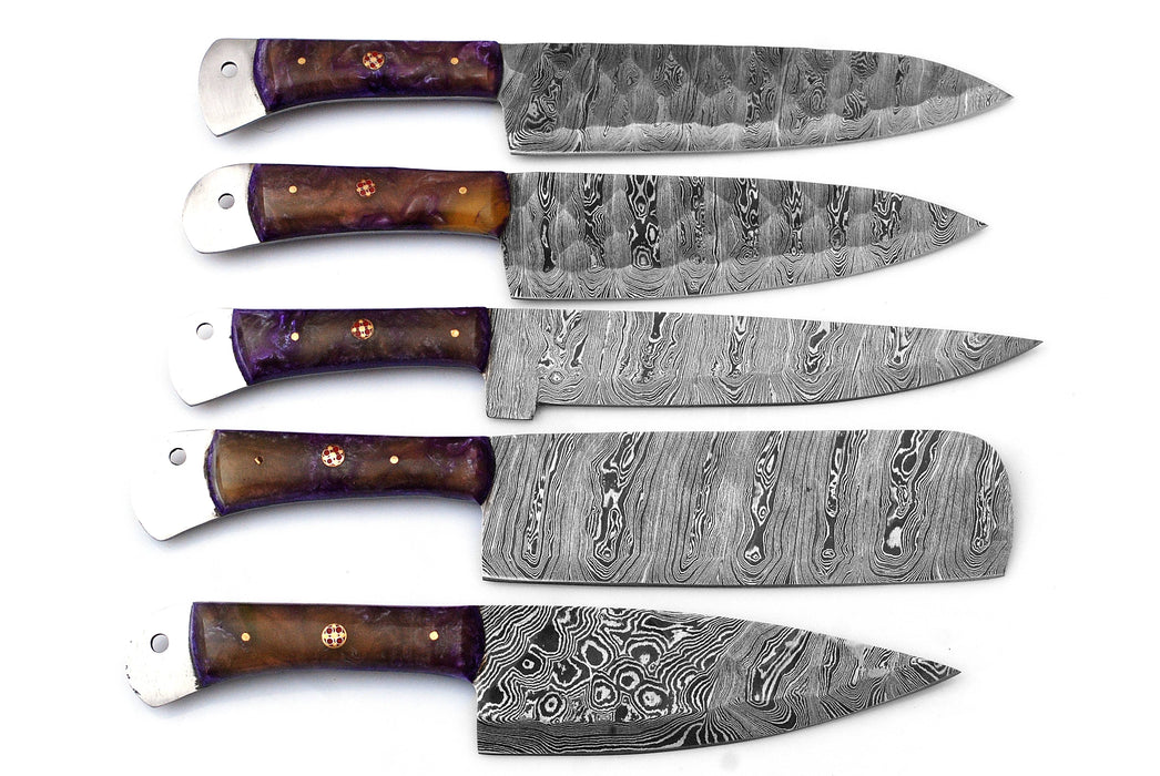(AW-58) Custom 5-Piece Damascus Steel Kitchen Knife Set – Amethyst Purple Burl Hybrid Handles with Suede Leather Roll Bag