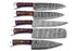(AW-58) Custom 5-Piece Damascus Steel Kitchen Knife Set – Amethyst Purple Burl Hybrid Handles with Suede Leather Roll Bag