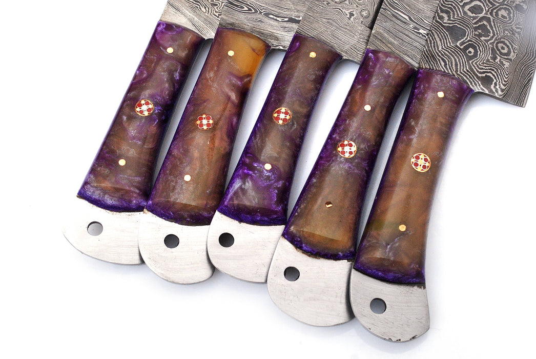 (AW-58) Custom 5-Piece Damascus Steel Kitchen Knife Set – Amethyst Purple Burl Hybrid Handles with Suede Leather Roll Bag