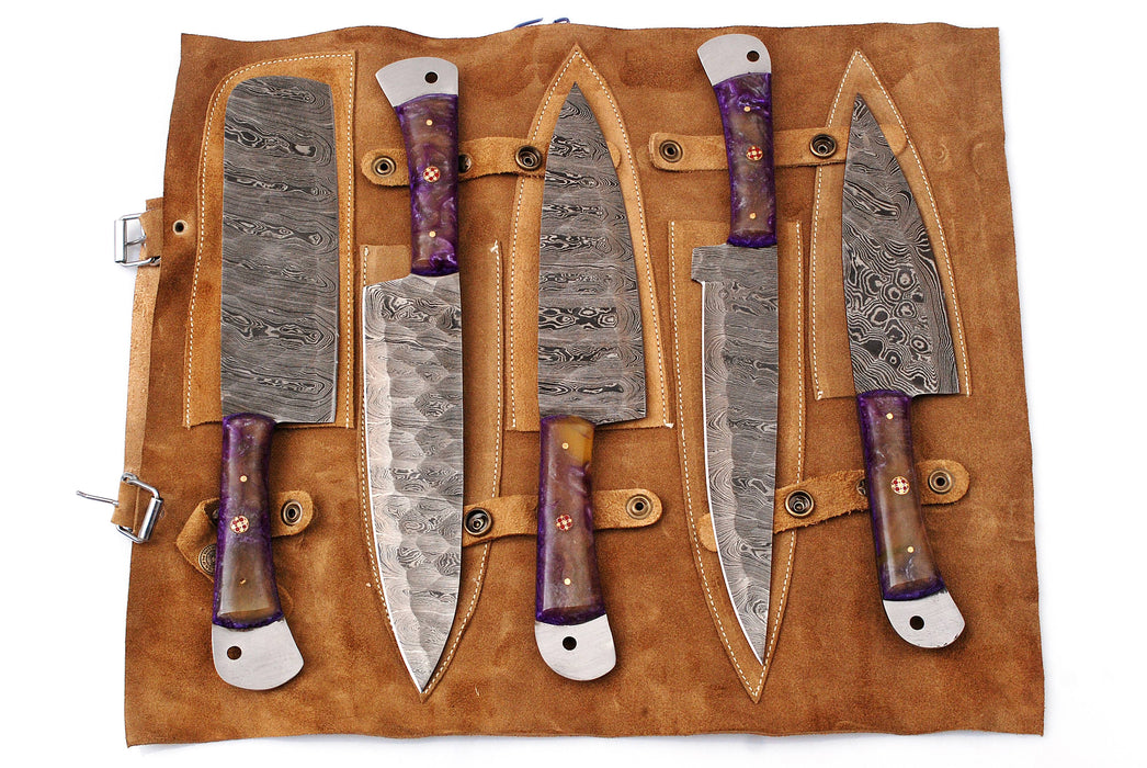 (AW-58) Custom 5-Piece Damascus Steel Kitchen Knife Set – Amethyst Purple Burl Hybrid Handles with Suede Leather Roll Bag