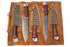(AW-58) Custom 5-Piece Damascus Steel Kitchen Knife Set – Amethyst Purple Burl Hybrid Handles with Suede Leather Roll Bag